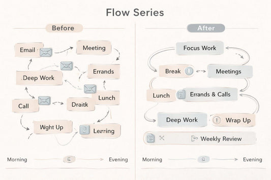 Comparison of a 'Before' and 'After' workflow diagram showing time management changes.