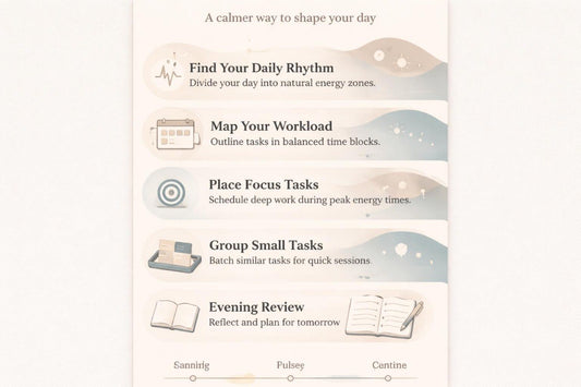 Diagram of a calmer way to shape your day with steps and icons.