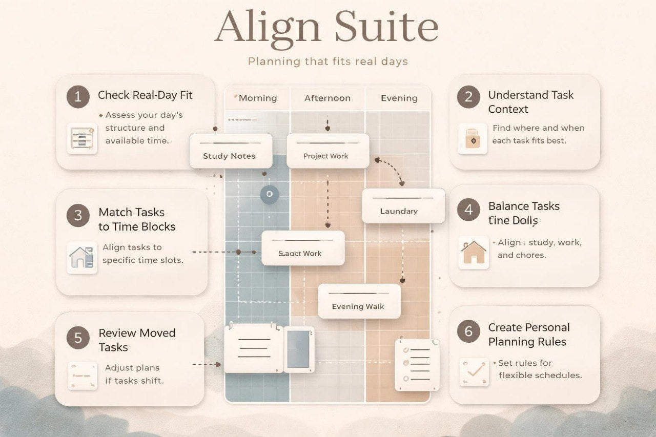 Diagram of a daily schedule with tasks and time blocks, titled 'Align Suite'.
