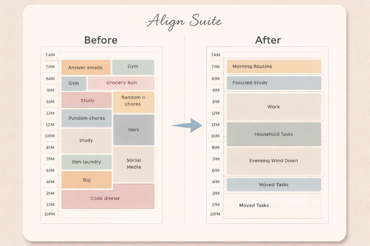 Before and after comparison of a daily routine with 'Align Suite' branding.