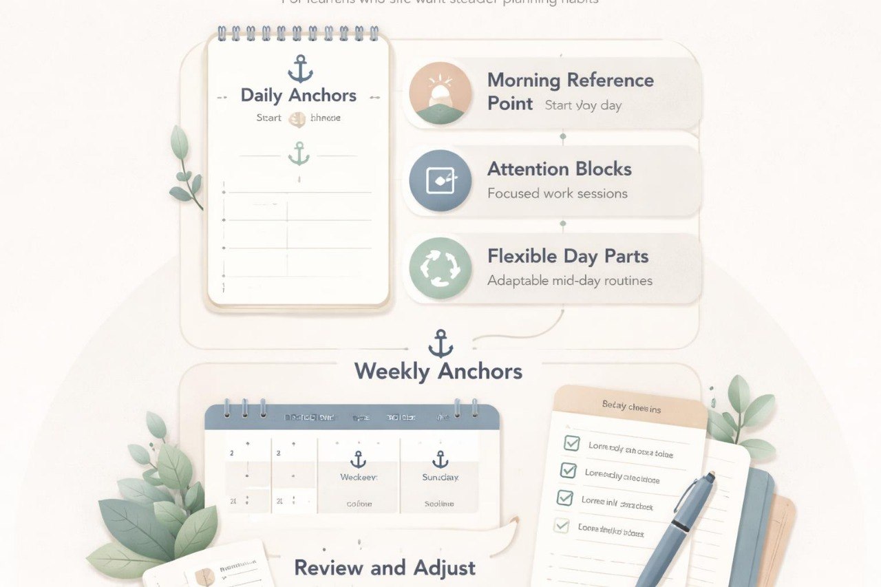 Educational tools for daily, morning, and weekly planning with icons and text on a white background.
