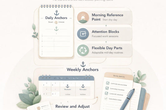 Educational tools for daily, morning, and weekly planning with icons and text on a white background.