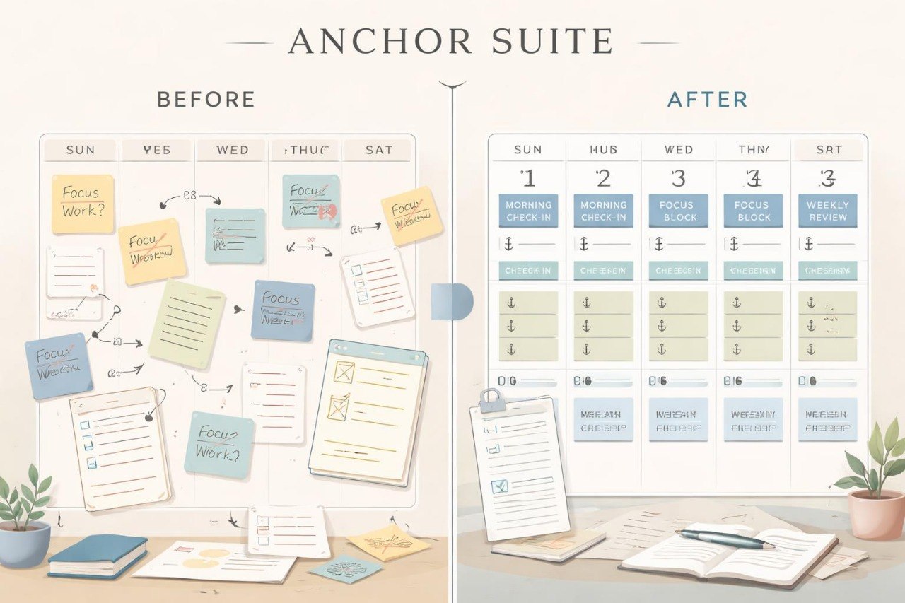 Comparison of a desk setup with notes and a calendar labeled 'Anchor Suite' before and after.