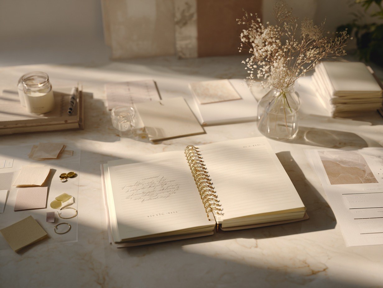 Open notebook on a table with candles, flowers, and stationery items.