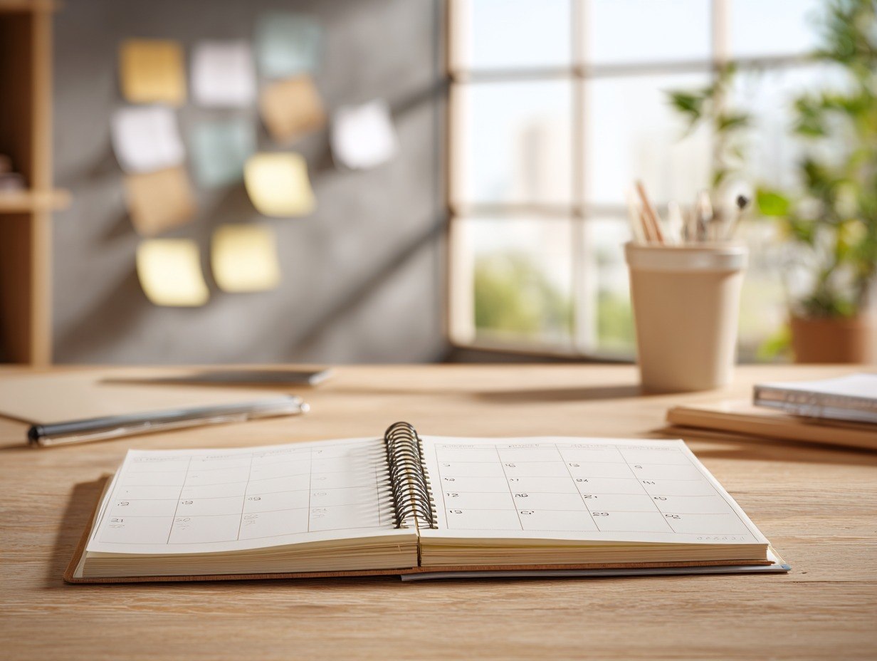 Open planner on a desk with a blurred office background