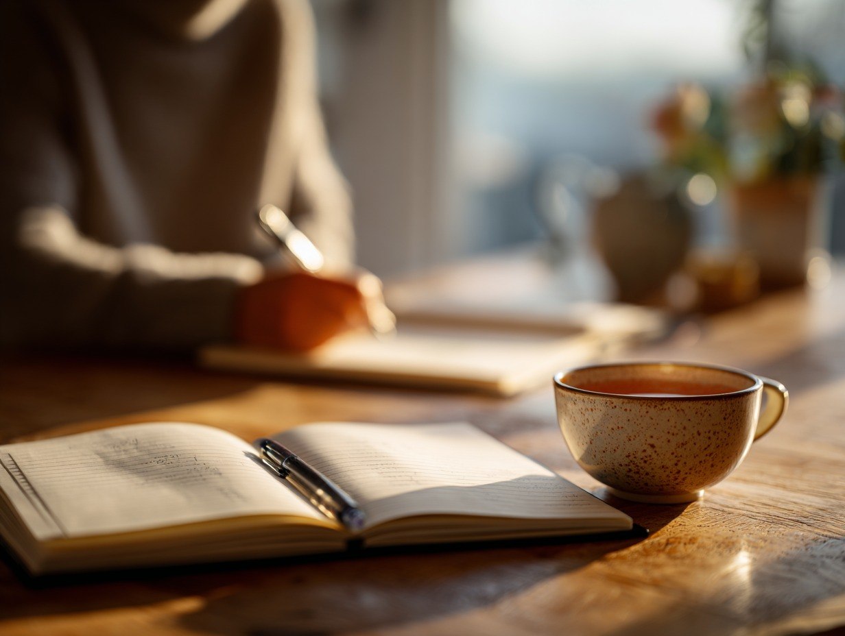 Open book with pen and cup on a wooden table, blurred background