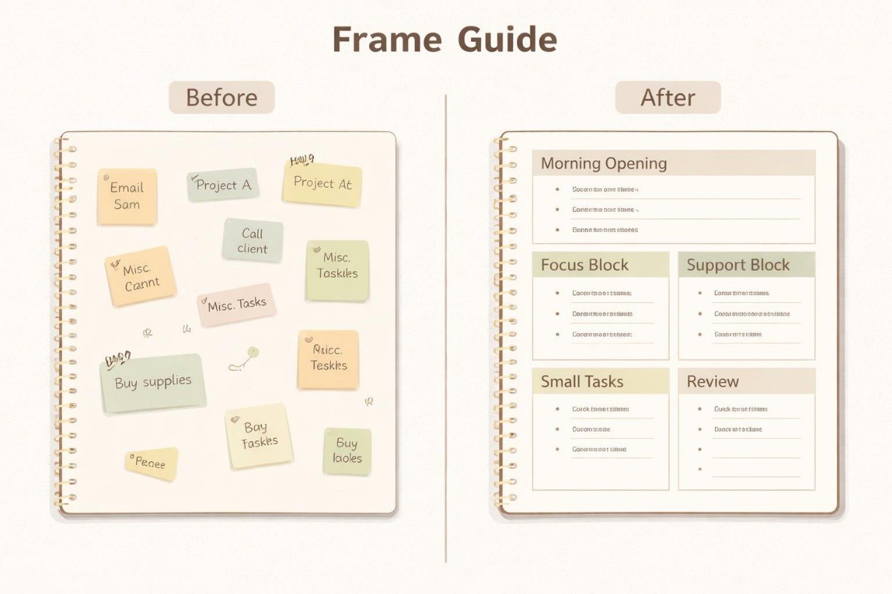 Before and after comparison of a planner with sticky notes and organized sections.