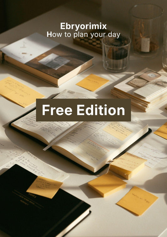 Open book with sticky notes on a table, promotional text for Ebryorimix Free Edition.