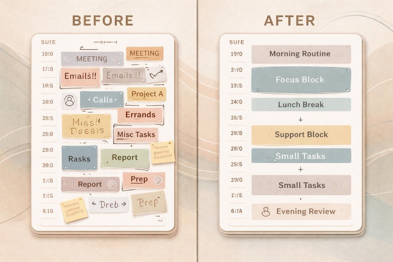 Comparison of two digital task lists labeled 'Before' and 'After' on a beige background.