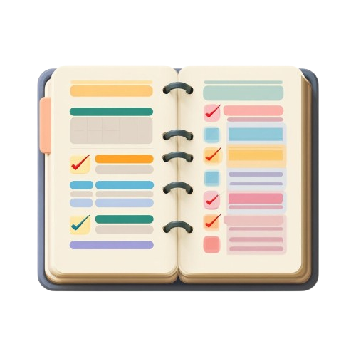 Open notebook with colorful checkmark and line stickers on a white background