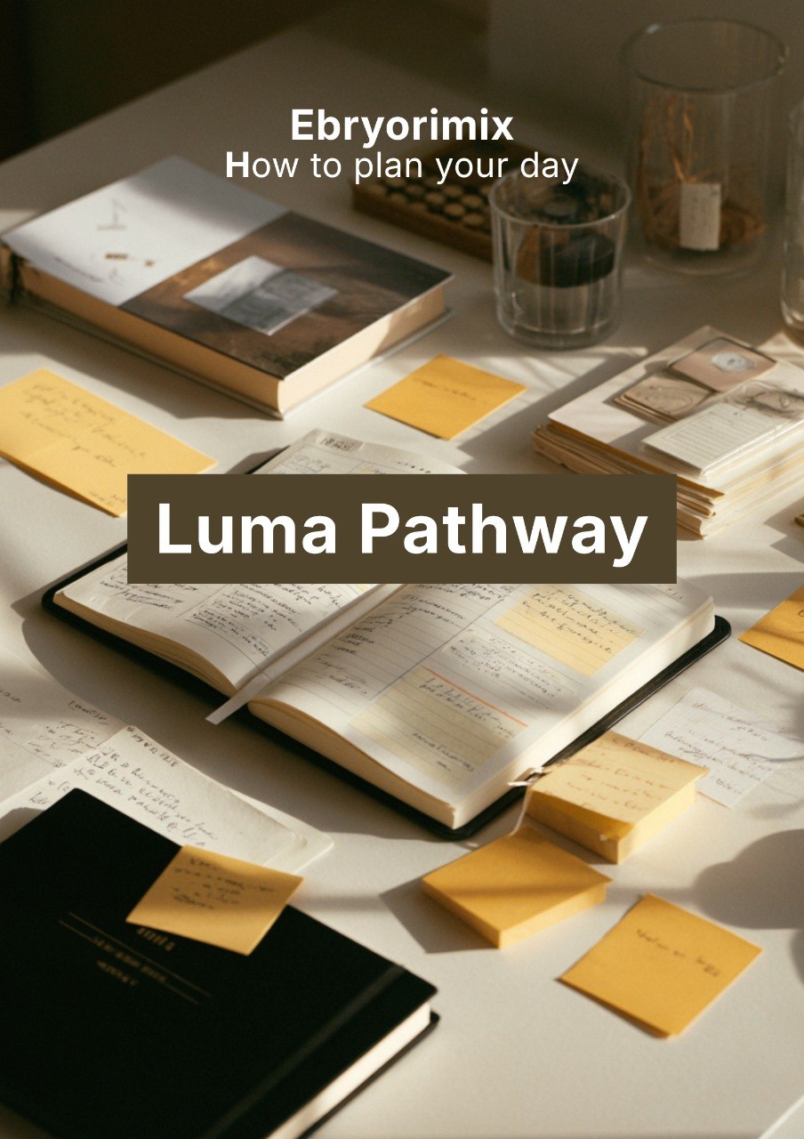 Open book with sticky notes on a desk, overlaid with 'Luma Pathway' text.
