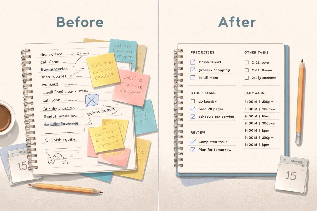 Comparison of a messy to-do list with sticky notes and a organized planner with tasks.