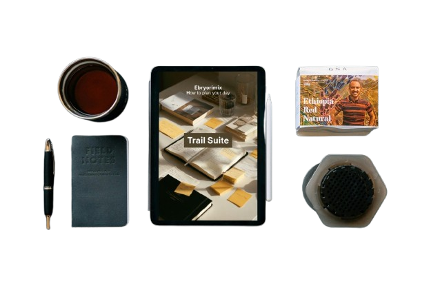 Tablet displaying a coffee-themed app, coffee cup, notebook, pen, and coffee filter on a white background