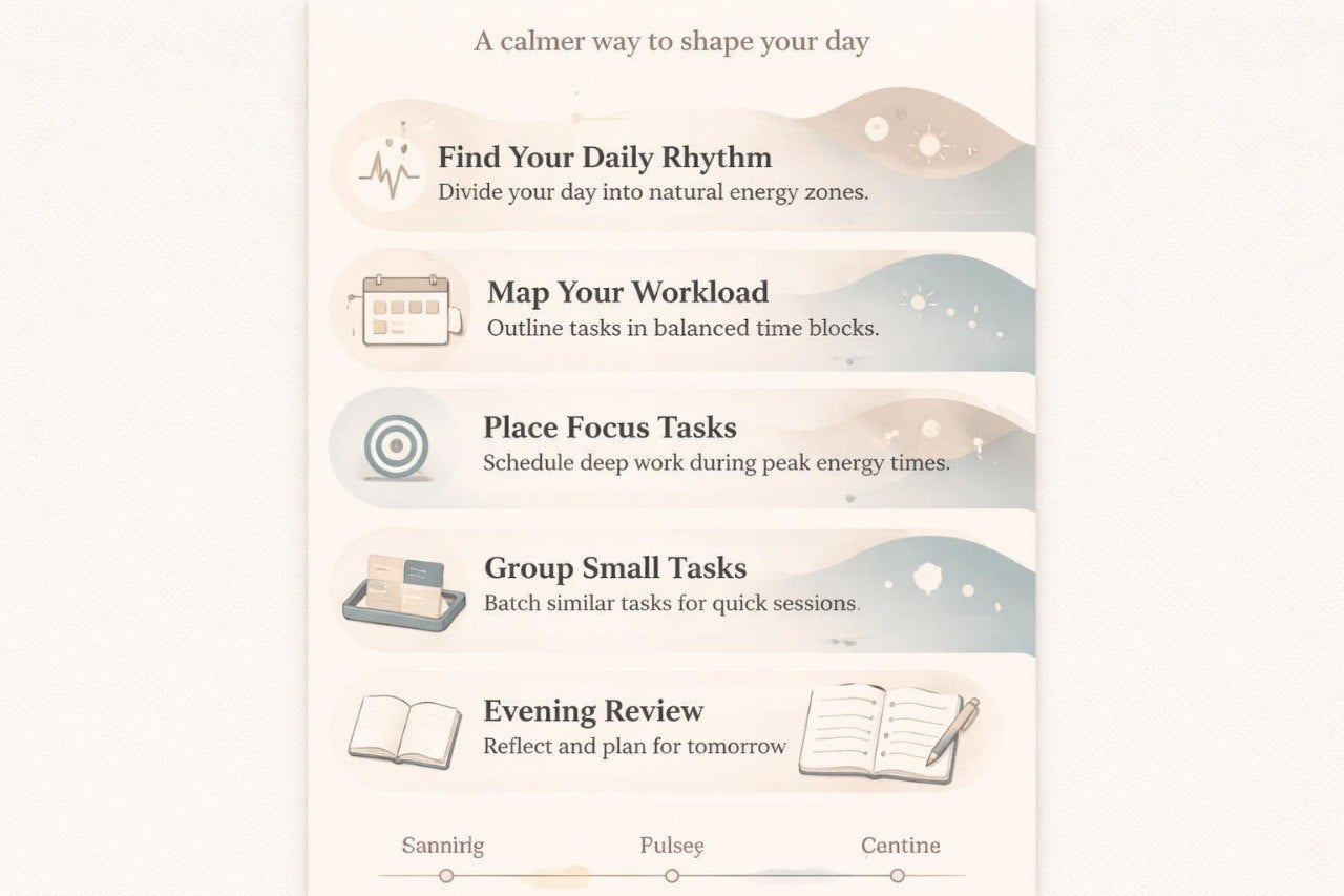 Diagram of a calmer way to shape your day with steps and icons.