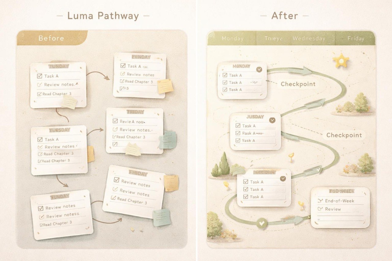 Before and after comparison of a Luma Pathway design with a scenic background.