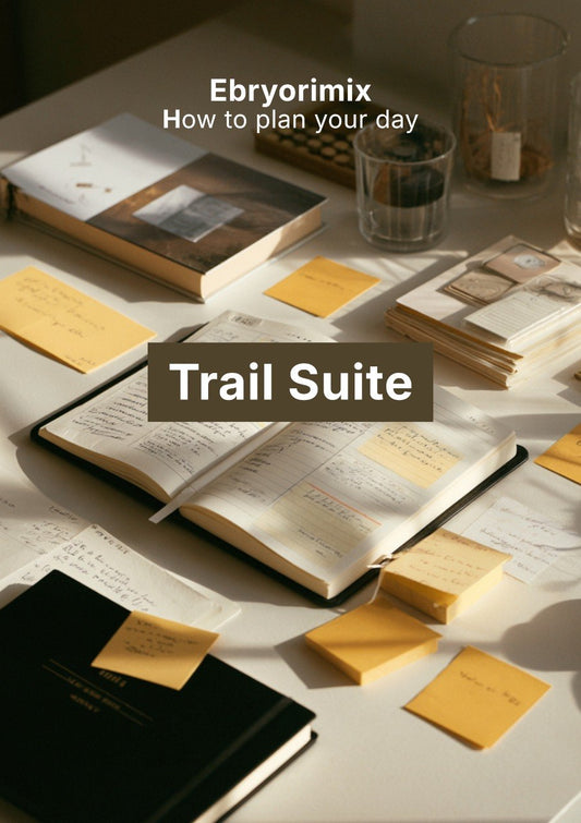 Open book with sticky notes on a table, promotional text for Ebryorimix Trail Suite.