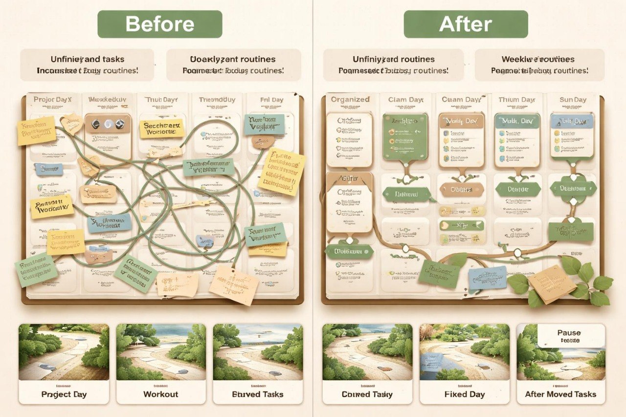 Comparison of a before and after organizational system with visual elements and text.